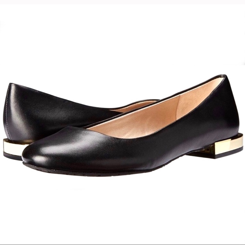 Tahari Ranma Black leather gold metallic block heel Flats 8.5 round toe slip on